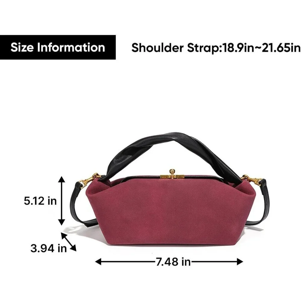 Women's Wine Red Faux Suede Vintage Slouchy Soft Satchel Kiss Lock Hobo Handbag